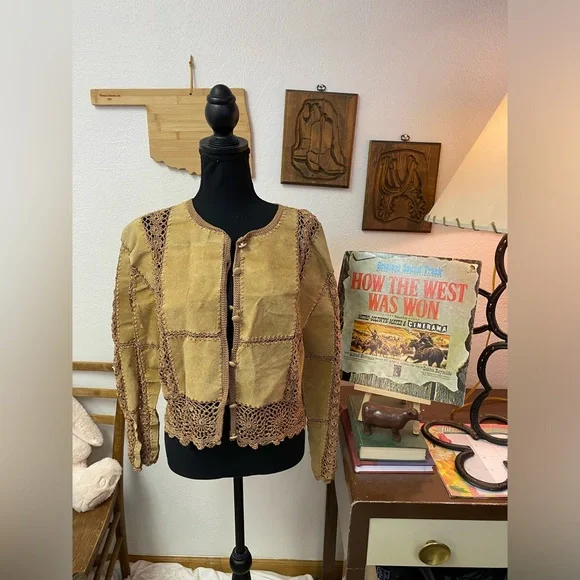 Unique OOAK Hippie Patchwork Leather Crochet Crop Jacket Top Blouse Handmade Sz? - Picture 2 of 16